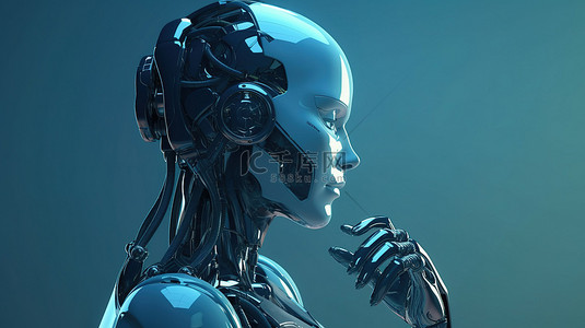 女性思考背景图片_蓝色背景展示了 3D 渲染中陷入沉思的女性机器人或机器人