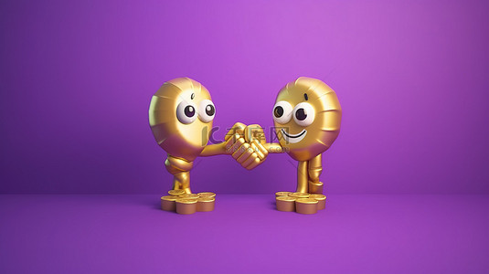 3D 卡通人物在紫色背景插图上与金币握手，并带有 3D 渲染