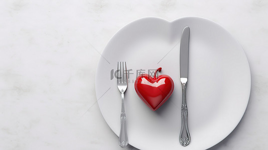 爱厨房背景图片_镀心与刀叉在白桌上 3D 插图