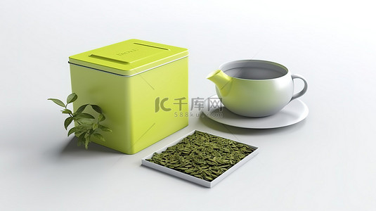 清晰的白色背景上的 3D 渲染金属绿茶盒和茶杯