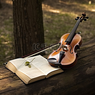 树林里的木凳上放着一把带有音乐的小提琴