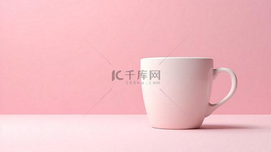 柔和的粉红色背景上咖啡杯的 3D 渲染，带有文本空间