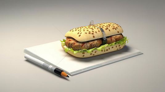 叶子食物背景图片_用笔和叶子打开汉堡包的 3D 渲染