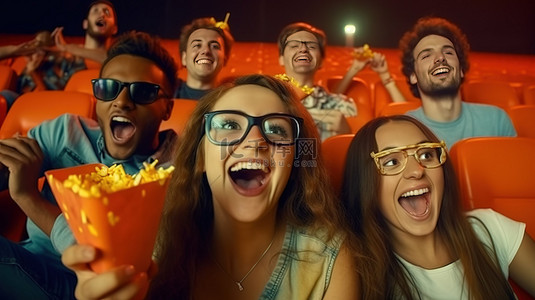 聚会自拍聚会背景图片_一群戴着 3D 眼镜的快乐朋友自拍并享受电影院郊游