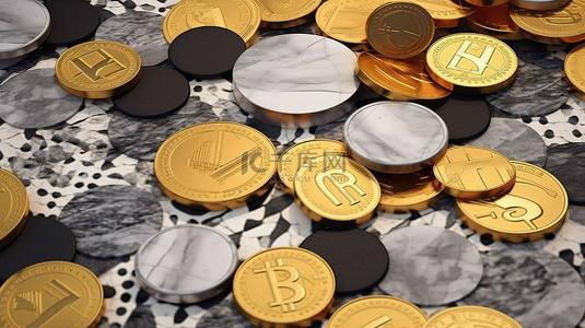 金币和货币的大理石纹理 3D 渲染