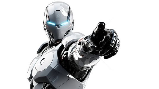 智能科技字背景图片_3d 渲染白色背景孤立的机器人指向手指