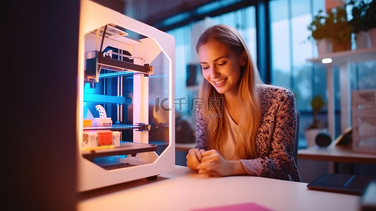 快乐的女设计师微笑着设置 3D 打印机，散发出积极的态度