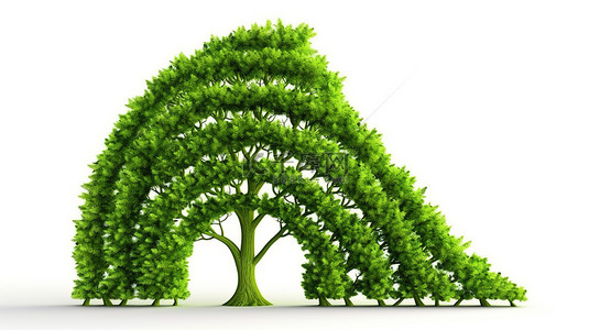 绿树箭头形状的 3D 插图象征着白色背景下的可持续经济，适合生态友好型企业