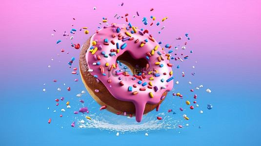 蓝色背景下飞舞的磨砂甜甜圈的 3D 渲染，上面洒满了糖粉和融化的粉红色糖霜