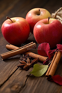 肉桂苹果背景图片_肉桂苹果和叶子在木桌上
