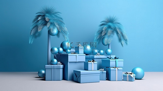 3D 蓝色讲台，配有抽象热带棕榈树节日礼品盒，圣诞快乐，新年快乐