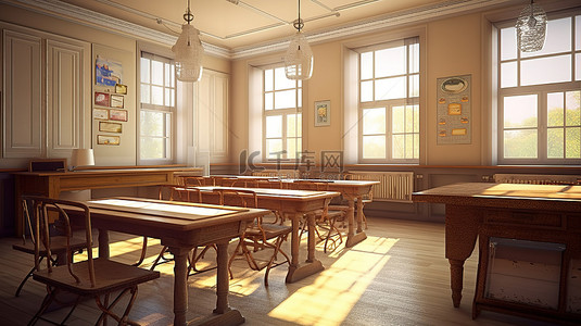 小学教学背景图片_3d 渲染中的古典学校教室