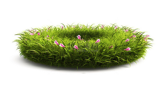 春夏叶子背景图片_白色背景上绿草和鲜花的圆形土地的孤立 3D 插图