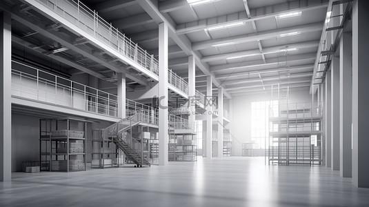 现代的空仓库背景图片_白色工厂或仓库的空且原始的 3D 渲染内部