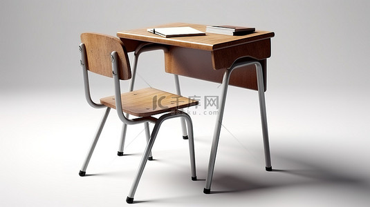白色背景上的课桌和椅子的 3D 渲染