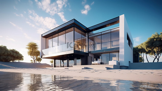 旅游酒店背景图片_令人惊叹的 3D 渲染中的现代海滨别墅外观