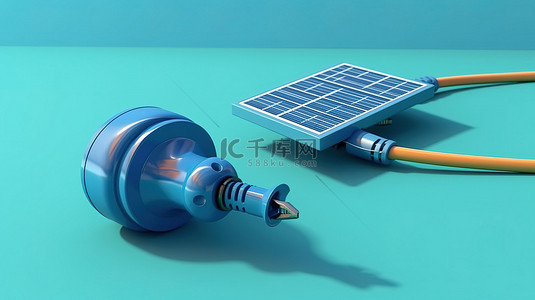 蓝色背景下太阳能插头太阳插座和绿色电缆的 3D 渲染