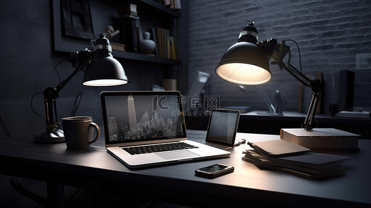 工作场所背景图片_自由摄影师的工作空间 相机笔记本电脑和桌子上的灯的 3D 插图