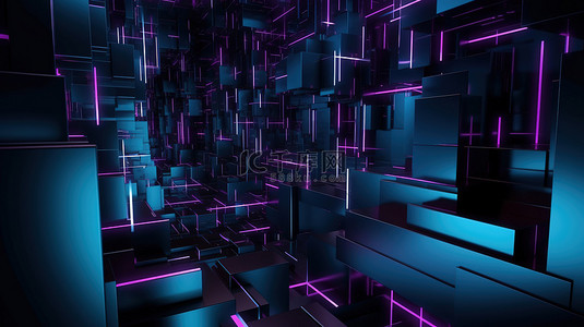 科幻光感背景图片_以赛博朋克概念 3d 呈现紫色和蓝色抽象几何背景的风格做广告