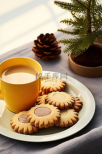 饼干曲奇背景图片_一盘饼干和饼干和一杯咖啡
