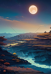 远山河流背景图片_月亮风景背景