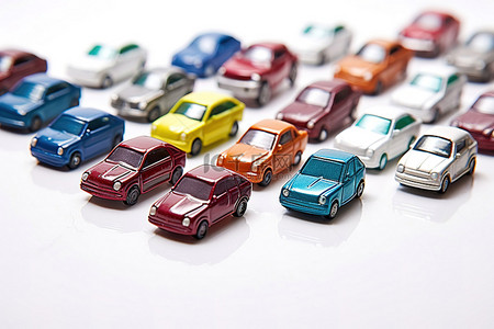 白色背景上十几辆不同颜色的玩具车