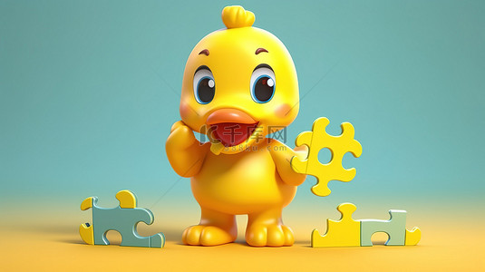 可爱的黄色卡通鸭吉祥物在黄色背景 3D 渲染下拿着彩色拼图