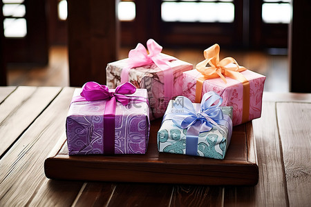 用包装纸包裹的礼物放在木桌上