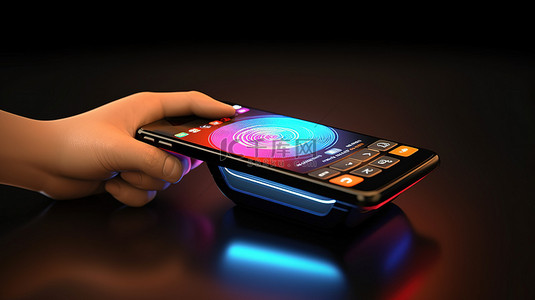 手机端端背景图片_使用手机进行非接触式 NFC 支付交易的 3D 渲染手工插图