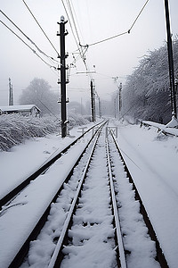 一组铁轨被雪和电线杆覆盖