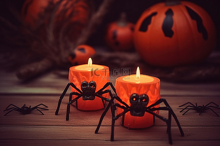 巨型蜘蛛背景图片_两个带有万圣节蜘蛛的蜡烛台