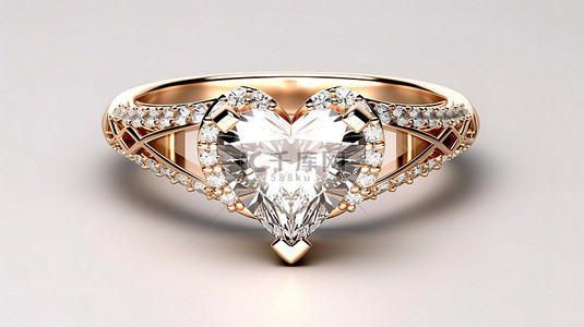 3d 渲染金钻石戒指在白色背景上隔离的心形