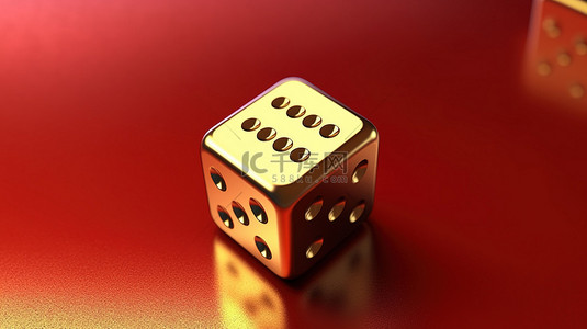 标志性骰子 哑光红色盘子上闪亮的金色骰子，以 3D 形式创建，供社交媒体使用