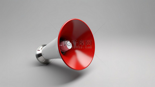 一个充满活力的红色和白色扩音器独立站在中性灰色表面上的 3D 插图