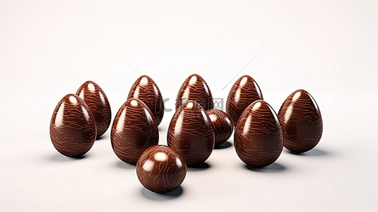 独立潇洒背景图片_3d 渲染由巧克力制成的复活节彩蛋，独立在白色背景上