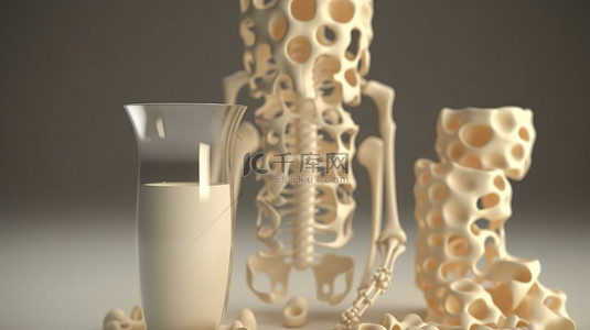 没有牛奶的 3D 多孔骨骼渲染牛奶对于强健骨骼的重要性