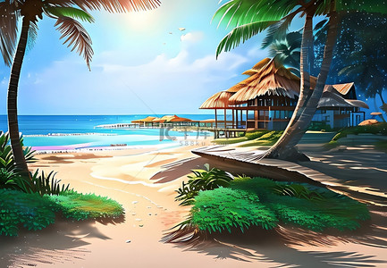 海滩椰子树景色唯美日光沙滩