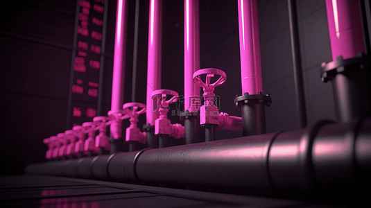 钢制天然气管道 3d 渲染以粉红色阀门和气缸为特色，带有天然气价格增长图
