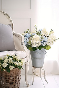 张大嘴笑隐患背景图片_一张大椅子，上面有鲜花和小篮子