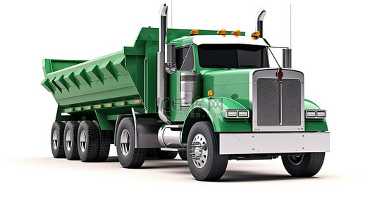 白色背景的 3D 插图，包括一辆大型绿色美国卡车和自卸卡车拖车