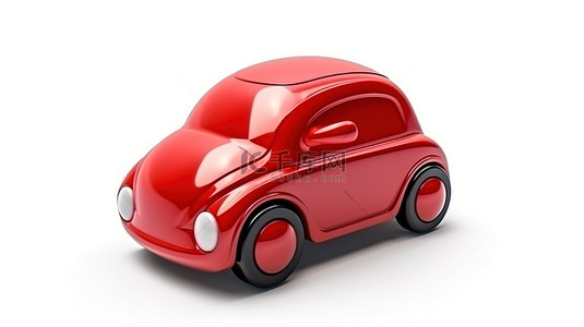 带有红色卡通玩具车的白色背景的 3D 渲染