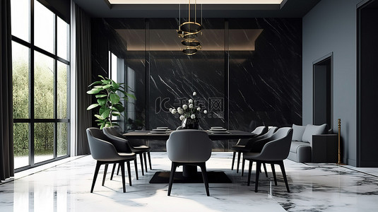 黑色餐厅背景图片_华丽的黑色餐厅拥有深色家具白色大理石地板和充足的自然光 3D 渲染设计