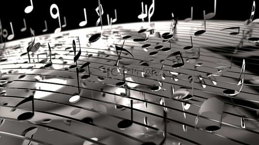 抽象卡通音乐音符背景图片_卡通风格的 3D 乐谱背景插图，黑白，带有草绘音符