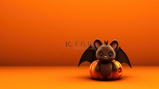 橙色背景下蝙蝠的 3D 渲染，营造欢乐的万圣节