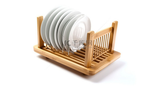 空木盘背景图片_白色背景厨房用竹盘干燥架的 3D 渲染