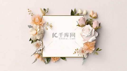 生日边框背景图片_美丽的花卉矩形框架的 3D 渲染，装饰着植物和花卉，非常适合贺卡和邀请函