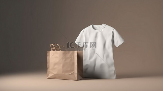 3D 插图中的空白白色 T 恤和纸袋
