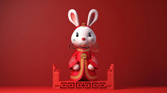 可爱的卡通兔子穿着中国传统服装，站在 3D 渲染中充满活力的红色基座上