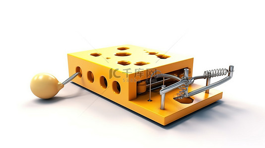 白色背景 3D 渲染上显示的奶酪诱捕老鼠陷阱