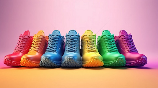 健康跑步背景图片_鞋底充满活力的鞋类是 3D 渲染中时尚多彩运动鞋的概念